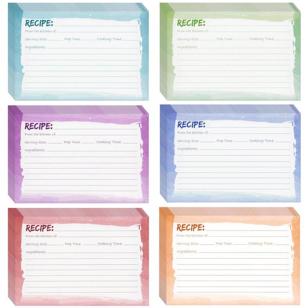 60-Pack Recipe Cards Double Sided, Colored Recipe Index Cards for Cooking and Kitchen Organization, Restaurants, Cafes, Diners, Watercolor Design, Bulk Pack (10.2 x 15.2 cm)