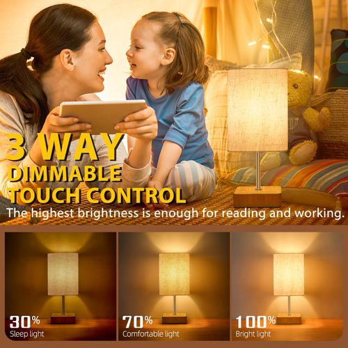 Jayencer Touch Bedside Table Lamp, Dimmable Touch Control Nightstand Lamps,Small Lamp Wood Base Beige Flaxen Fabric Shade for Bedroom,Living Room,Office,Dimmable Bulb Included