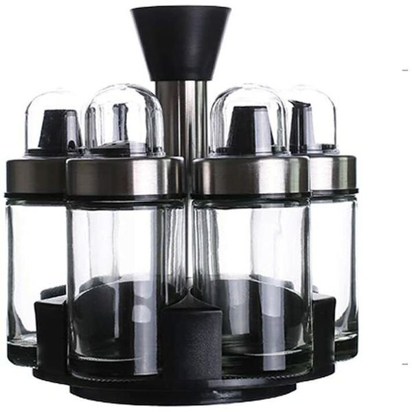 Oil and Vinegar Dispenser Set Set 6 Bottles Salt and Pepper Holder 360° Rotating