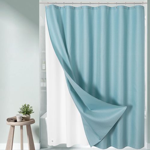 3 in 1 Shower Curtain Set, Teal Blue Waffle Shower Curtain and PEVA Liner Set with 12 Stainless Steel Shower Curtain Hooks, Waterproof Fabric Shower Curtains for Bathroom, 72 W x 72 H
