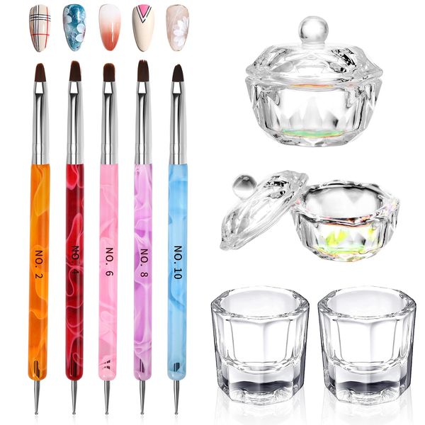 9Pcs Nail Art Brushes Dappen Dish Set for Monomer Acrylic Nail Liquid Powder: 2 Dappen Dish for Acrylic Nails with Lid & 2 Glass Nail Cup Crystal Monomer Dish & 5 Acrylic Nail Brush