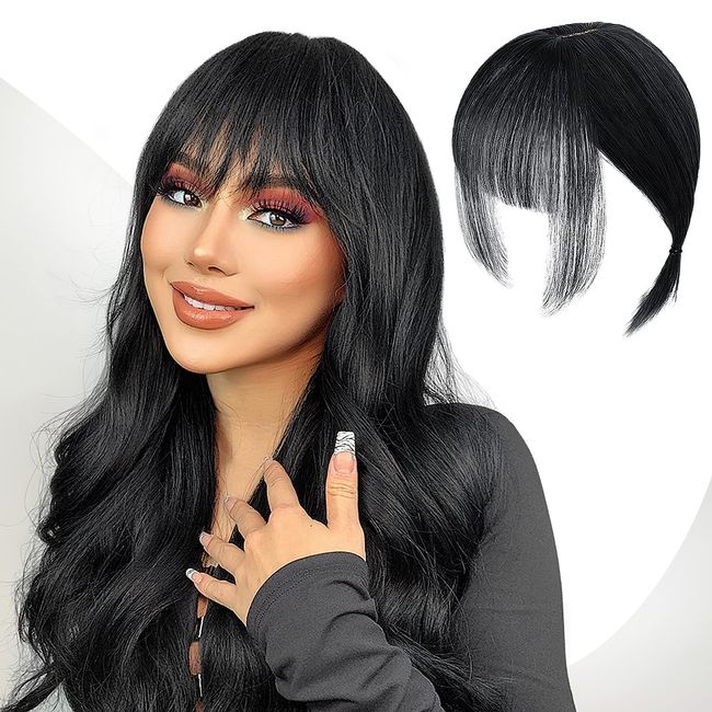 Echthaar Topper Top Haarteile Clip in Pony Haarverlängerung Haarteil, Clip in Fransen Fringe Bangs Verlängerung Haarteil Extensions Bangs natürliche Fringe Dünn Bang für Frauen Mädchen, Schwarz