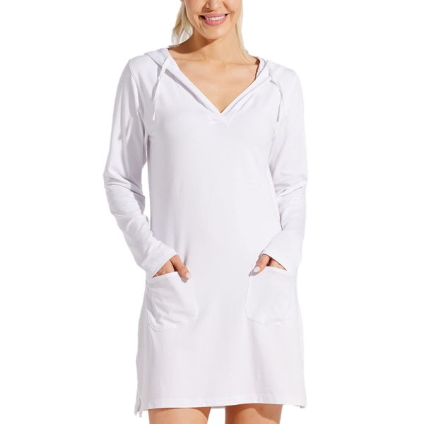 Willit Women's Long Sleeve Cotton Swim Cover Up UPF 50+ SPF Dress Hooded with Pockets Sun Protection Beach Coverup White M