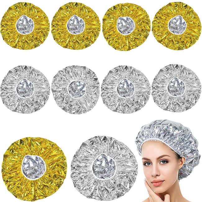 Foil Cap Hair, Hillylolly Disposable Caps Hair, Heat Shower Cap, Hair Colouring Caps Disposable, Salon Caps, Aluminum Foil Shower Cap, Heat Cap for Deep Conditioning Salon Spa (5 Gold 5 Silver)