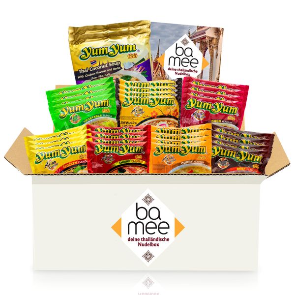 Ba-Mee Box mit 30 Yum Yum Nudelsuppen - Thailändische Instant Nudeln, zufällige Mischung aus 8 verschiedenen Geschmacksrichtungen und Sorten, inklusive Broschüre mit Rezept - Thailand Nudelmix Karton