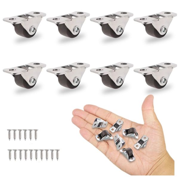 8Pcs 1/2 Inch Mini Caster Wheels Low Profile, Self Adhesive Single Direction Tiny Wheels, Little Rubber Rolling Wheels with Steel Top Plate for Small Appliances,Furniture,DIY Project (Non Swivel)