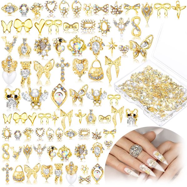 100 Pcs Gold Nail Charms for Acrylic Nails Gold Nail Rhinestones 3D Nail Charms Heart Nail Gems Luxury Decor Diamonds for Nail Art Shiny Nail Stones Beauty Nail Design Crystals for DIY Women Nail