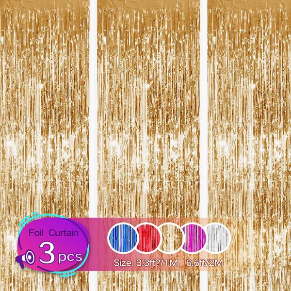 Gulaey Foil Fringe Curtain 1m x 2m, 3PCS Golden Metallic Tinsel Curtain Birthday Decorations, Foil Curtain for Graduation Wedding Engagement Bridal Shower Bachelorette Holiday Party(Golden)