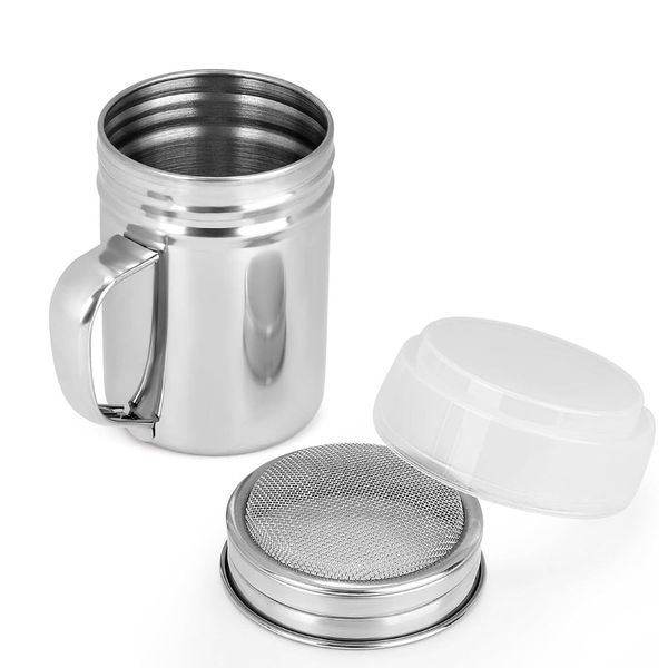 Powder Shakers with Handle Stainless Steel Powdered Sugar Shaker Duster with Printing Molds Stencils for DIY Cappuccino Coffee Icing Sugar Cocoa Flour Latte Coffee