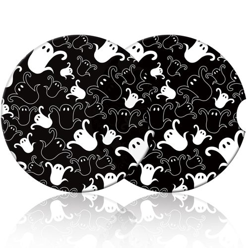 Halloween Ghost Car Coasters,for Drinks Absorbent,Car Cup Holder Coaster for Your Car with Fingertip Grip,Removable Cute Auto Accessories,Retro Car Decoration Gifts