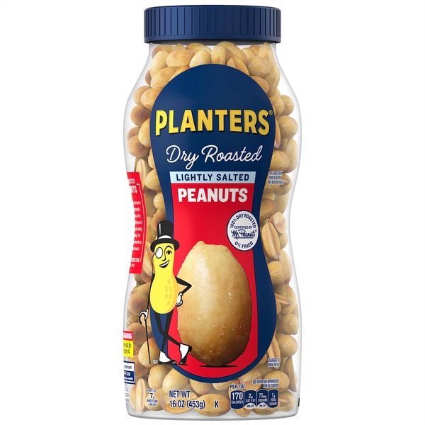 PLANTERS Lightly Salted Dry Roasted Peanuts, 16 oz. Resealable Jar | Peanut Snack | Great Movie Snack, Active Lifestyle Snack and Party Size Snack | Protein Snack | Kosher Peanuts