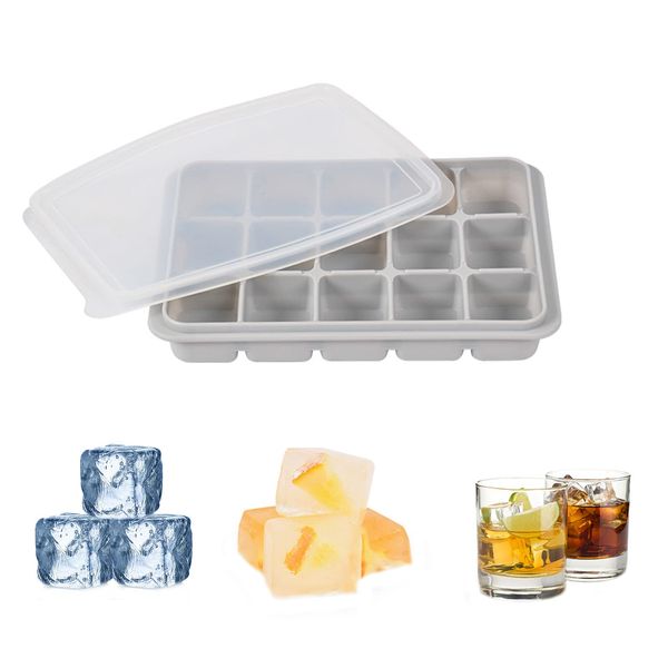 LEISURE CLUB Ice Tray, Silicone, Rectangular Ice Mold, Ice Maker, Includes Dedicated Lid, Easy Removal, Melt-Resistant, Large Ice Maker, Whiskey, Ice Maker, 15 Grade (Gray)