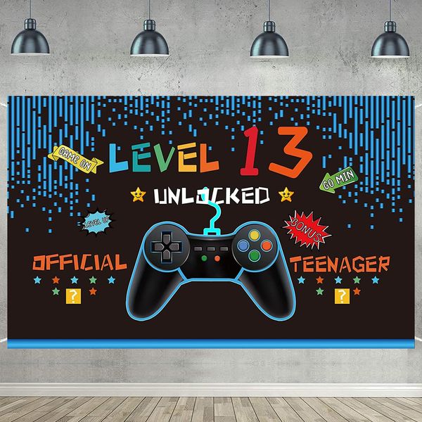 13th Birthday Backdrop Banner Video Game Decorations for Boys Level 13 Birthday Backdrop Decorations 13 Years Official Teenager Birthday Party Supplies