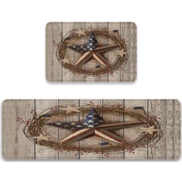 Kitchen Rugs Sets 2 Pieces Country Primitive Barn Star Patriotic on Wooden Bo...