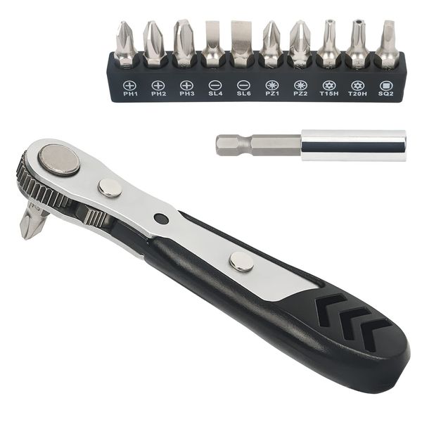 STREBITO Mini Ratchet Set 12-Piece 1/4 Ratchet Right Angle Screwdriver Set Small Ratcheting Wrench 90 Degree Offset Screwdriver High Torque Low Profile Ratchet Angled Screwdriver For Tight Spaces