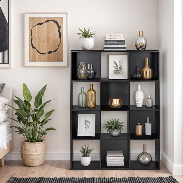 12-Cube Organizer Storage Wooden Bookshelf w/ Removable Back Panel Display Black