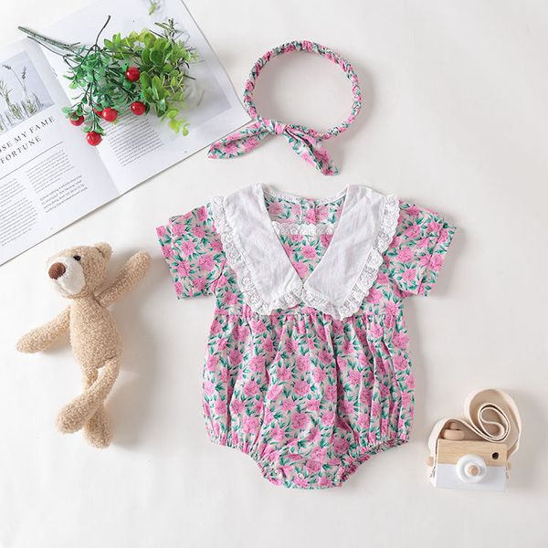 Baby Girl Floral Print Pattern Lace Collar Patchwork Baby Onesies Short Sleeve - 73 (6-9M) / Purple