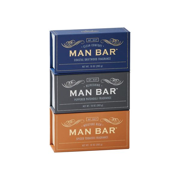 San Francisco Soap Company Man Bar 3-Piece Gift Set featuring all new scents: Coastal Driftwood, Peppered Patchouli, and Spiced Tobacco