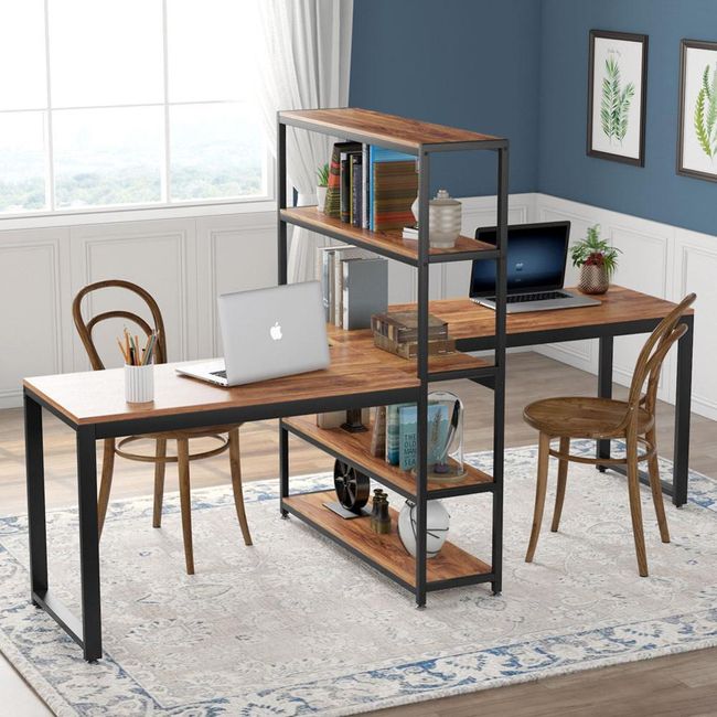 Tribesigns Two Person Computer Desk with Bookshelf