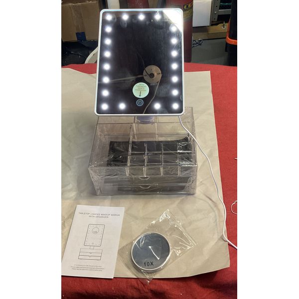 tabletop lighted makeup mirror with organizer 6.5” X 9” Open Box