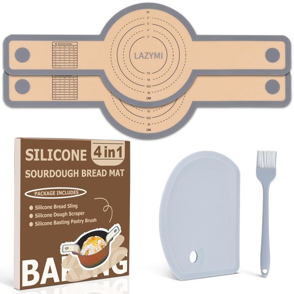 Lazymi 2PCS Silicone Bread Sling for Dutch Oven, Reusable Bread Baking Mat with Long Handle for Transferring Sourdough, Silicone Baking Sling with Dough Scraper&Silicone Brush for Bread Baking,Grey