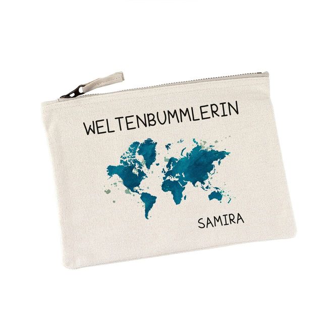 Herz & Heim® kleine Kulturtasche mit Wunschnamen für Weltenbummler Weltenbummlerin