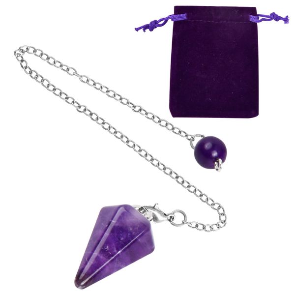 Tibapla Amethyst Crystal Pendulum, Healing Crystal Pendulum, Gemstone Crystal Pendulum with Gift Pouch, Gemstone Cone Pendant, Reiki Healing Amethyst Crystal Pendulum for Dowsing Divination Scrying