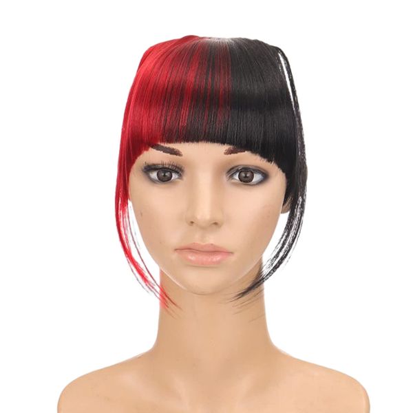 KALUROIL Pony Haarteil Echthaar Clip in One Piece Extensions Fringe Verlängerung 100% Human Haar natürlich #6 Pony-5.5"(14cm)-9g(schwarz+rot)