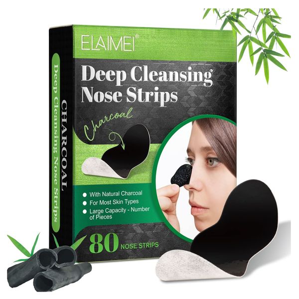 80 Pcs Blackhead Remover Strips - Bamboo Charcoal Deep Cleansing Pore Strips for Blackheads, Nose Blackhead Remover Strips, Blackhead Removal Nose Pore Strips for Women Men (Black)