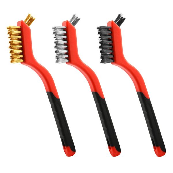 Wire Brush Set, 3 Pcs Stainless Steel/Brass/Nylon Wire Brushes for Cleaning with Curved Handle Grip for Rust Removal, Dirt, Paint Scrubbing(Red)