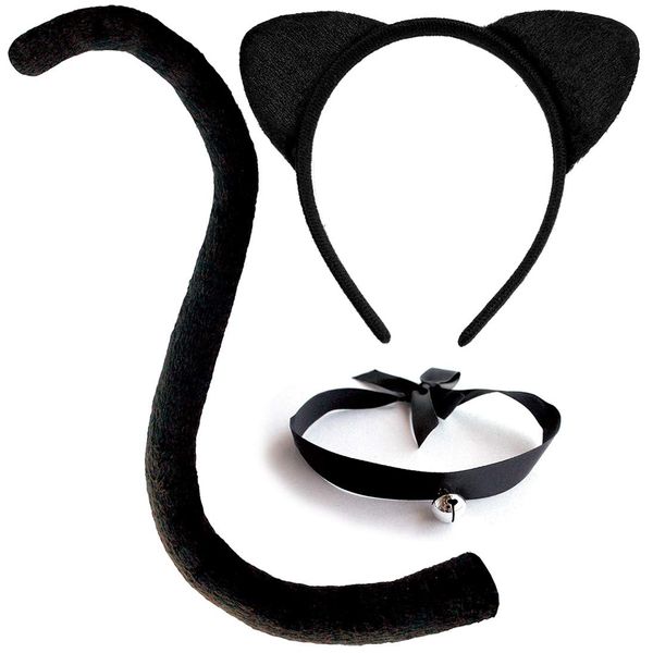 OLYPHAN Cat Costume Accessories Cat Ears and Tail Set Black Animal Halloween Accessory Kit for Women/Adults Cat Cosplay Pack w. Bell Choker Necklace 3 PCS