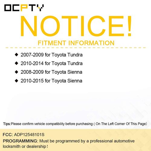 OCPTY Replacement 1Pcs Remotes Key Fob for Toyota for Sienna for Toyota for Tundra 2007-2015 ADP12548101S