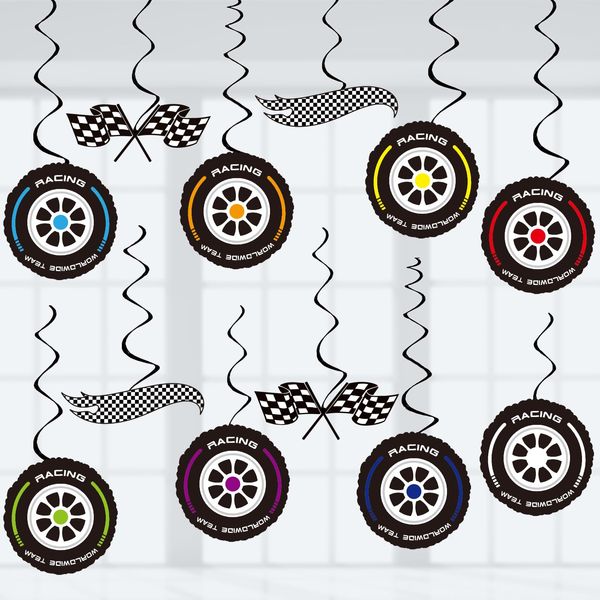 Race Car Party Decorations Wheels Tire Party Decoration Racing Car Party Decor Supplies Hanging Swirls Party Streamers 24pcs Kids Theme Birthday Party Decor Banner, Assembled and Ready to Use