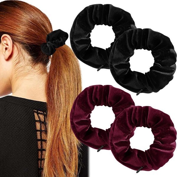 4PCS Women's Hair Ties,with Zip Hidden Pocket Velvet Headbands,Travel Gadgets, Secret Hair Ties, Soft Ponytail Hair Ties, Ball Head Curly Hair Ties