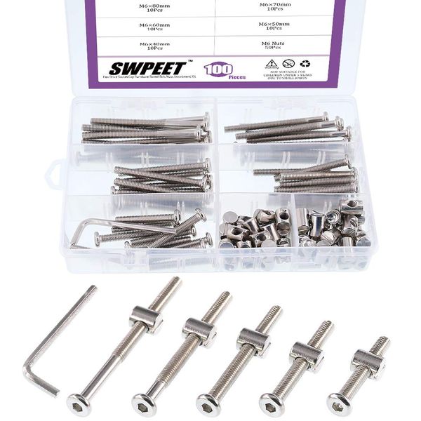 Swpeet 100Pcs Crib Hardware Screws, Nicked Plated M6 × 40/50/60/70/80mm Hex Socket Head Cap Crib Baby Bed Bolt and Barrel Nuts with 1 x Allen Wrench Perfect for Furniture, Cots, Crib Screws