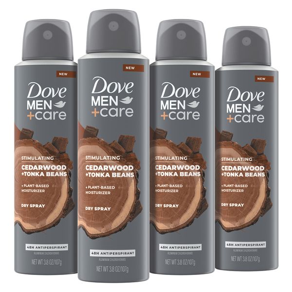 Dove Men+Care Stimulating Antiperspirant Dry Spray Deodorant Cedarwood & Tonka Beans 4 Count 48-hour Odor Protection Deodorant For Men Naturally Derived Plant-Based Moisturizer 3.8 oz