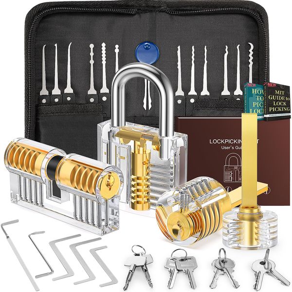 IPSXP Lock Picking Set, 32-Piece Lock Pick Set with 4 Transparent Training Locks and Manual and Zip Case for Lockpicking, Extractor Tool for Beginner and Locksmith Training