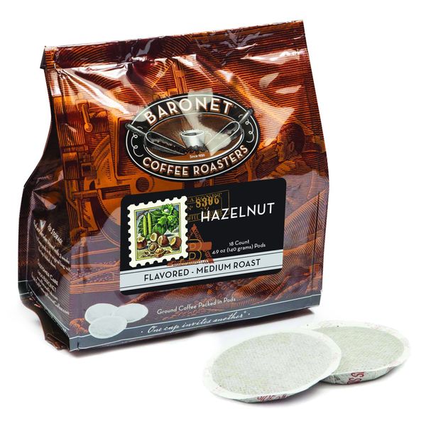 Baronet Coffee Pods [Hazelnut Flavored-54 Pods] Single Cup Use Like Senseo Coffee Pods- 3 Bags of 18 Single Serve 8 Gram Pods, Regular Strength Soft Coffee Pods, Medium Roast [Hazelnut]