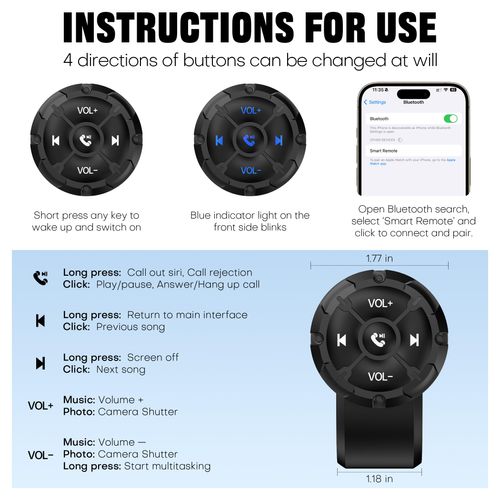 Bluetooth Media Button Remote Control,Adjustable Direction Waterproof Controller,Remote Selfie Music Control Button,Suitable for Bicycles,Electric Bicycles,Cars,Compatible with iPhone/Android