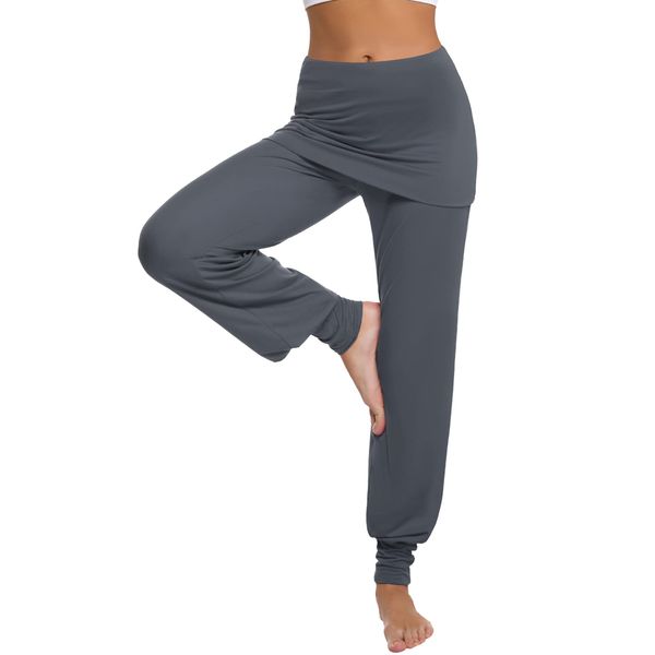 Terecey Yogahose Damen Lang mit Rock Yoga Pants Baggy Jogginghose Damen Bequeme Hose Pumphose Yoga Bekleidung Damen für Yoga Pilates Tanzen Joggen Dunkelgrau L