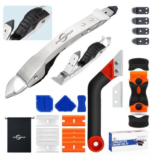 EVOHONOUR Caulking Tool Kit, Stainless Steel Caulk Remover Tool, 4 in 1 Grout Removal Tool for Bathroom, Kitchen, Floor, Window, Sink Joint, Frames Seal