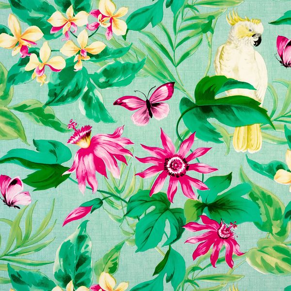Wipe Clean Tablecloth Oilcloth PVC Vinyl Green and Pink Tropical Birds and Butterflies 140cm x 190cm Rectangle (55" x 75")