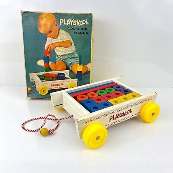 vintage Playskool Col-O-Rol Wagon with Wood Blocks 60s-70s Pull along Toy