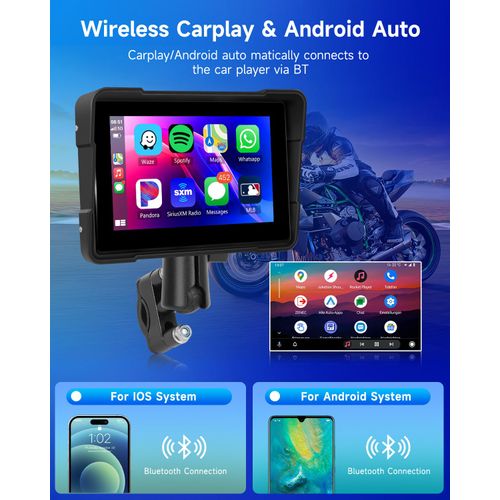 Motorcycle Carplay Screen, Rimoody Wireless Apple CarPlay & Android Auto with Design Mount 5" Waterproof Touchscreen Supports GPS Navigation/Bluetooth Transmission/EQ