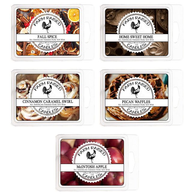 Fall Spice Variety Wax Warmer Melts. - 5 Pack Farm Raised Candles - Made in America - Natural Plant Based Soy - Wax Warmer Cubes. Vanilla,Cinnamon Caramel,Pecan Waffles, Apple.