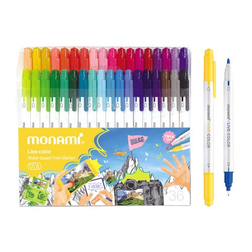 MONAMI LIVE COLOR Water-Based Twin Marker, Fine & Bullet Dual Tip Marker for Coloring/Drawing/Lettering/Decorating/Writing on notebooks and planners, New White Body Design 36C-Pack