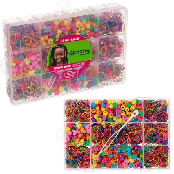 Expressions Hair Bead Kit In Rectangular Container - Great Value Hair Beading Accessories Pack Including Natural Hair Threading Tool, 250 Colorful Beads, and 550 Latex-Free Hair Elastics