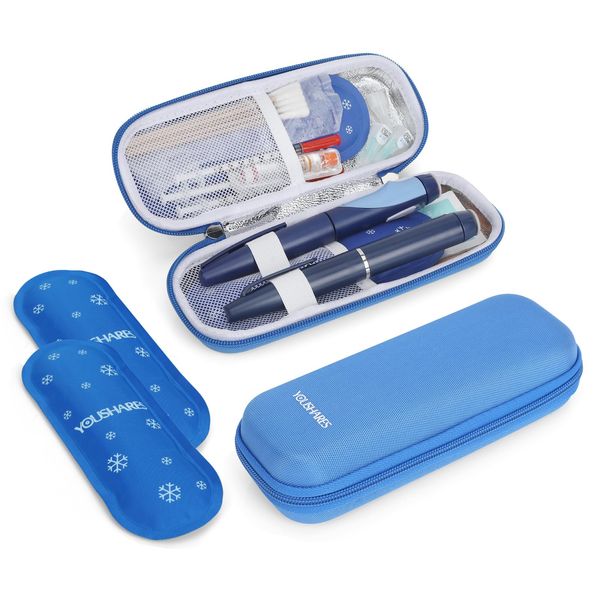 YOUSHARES Insulin Cooler Travel Case - Insulin Pen Case with 2 Nylon Ice Packs, Medicine Cool Bag for Diabetic Supplies, Insulin Carry Case (Blue)