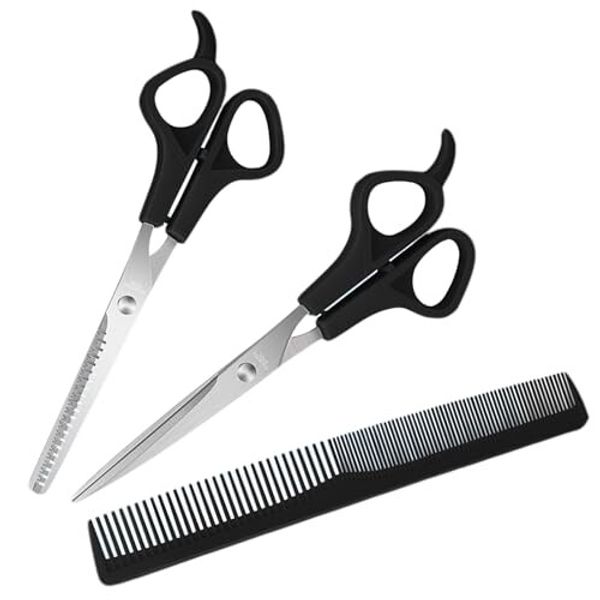 DEVENTORZ Haircut Scissors Set, Thinning Scissors, Hair Cutting Scissors, Self-Cutting, Bangs Cutting, Children, Home, Scissors, Thinning Scissors, Comb, Haircut Set for Beginners (Black)