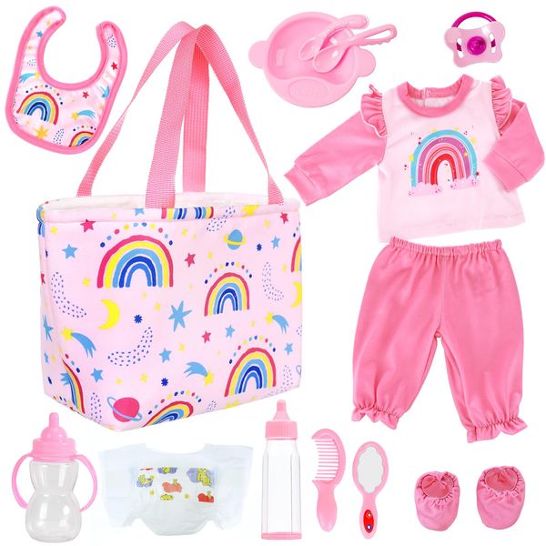 UNICORN ELEMENT 13 Pcs Baby Doll Clothes and Accessories for 14-18 inch Dolls, Baby Doll Feeding and Caring Set with Baby Doll Diaper Bag, Clothes, Diapers, Bottles, Pacifier, Best Gift for Kids